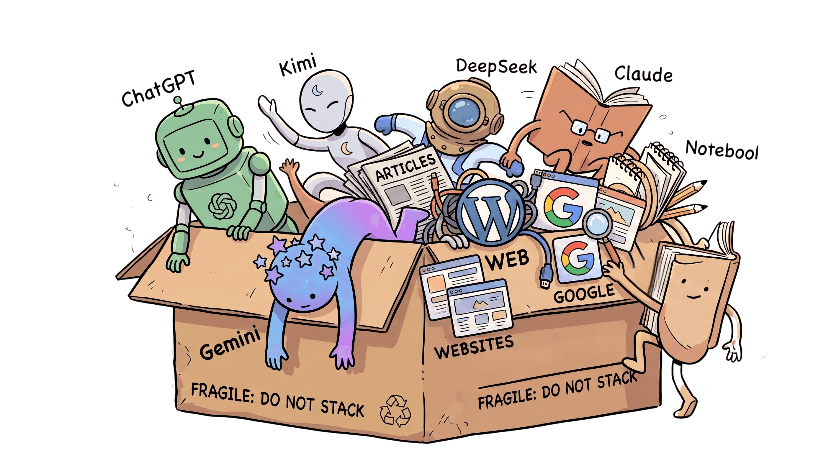 Illustration of AI assistants, websites and notes unpacked from a cardboard box.